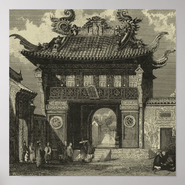 Asian Imperial Temple in Black & White Poster (Front)