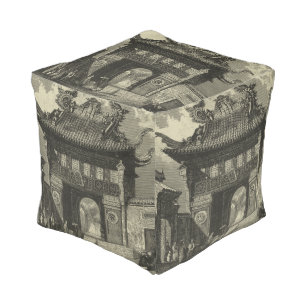 Asian Imperial Temple in Black & White Pouf