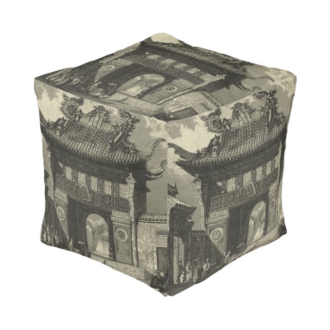 Asian Imperial Temple in Black & White Pouf (Angled Front)