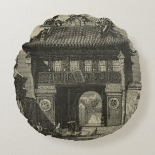 Asian Imperial Temple in Black & White Round Pillow