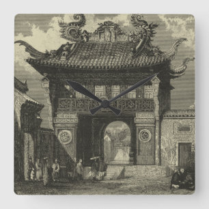 Asian Imperial Temple in Black & White Square Wall Clock