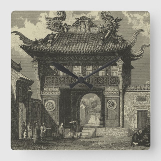 Asian Imperial Temple in Black & White Square Wall Clock (Front)