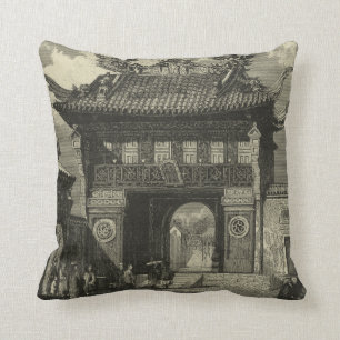 Asian Imperial Temple in Black & White Throw Pillow
