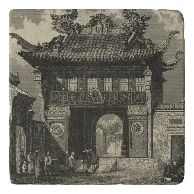 Asian Imperial Temple in Black & White Trivet (Front)