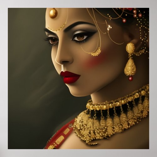 Asian Indian Beautiful woman Exotic red face Jewel Poster