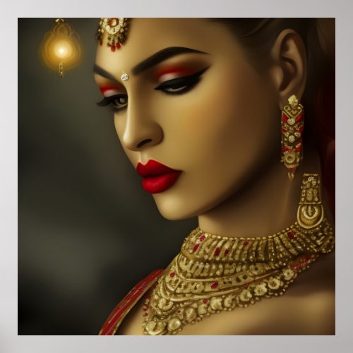 Asian Indian Beautiful woman Exotic red Jewel gems Poster