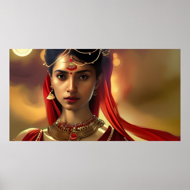 Asian Indian woman colorful red golden Poster (Front)