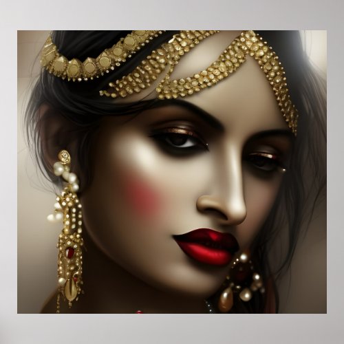 Asian Indian woman Red Lips gold glamorous Poster