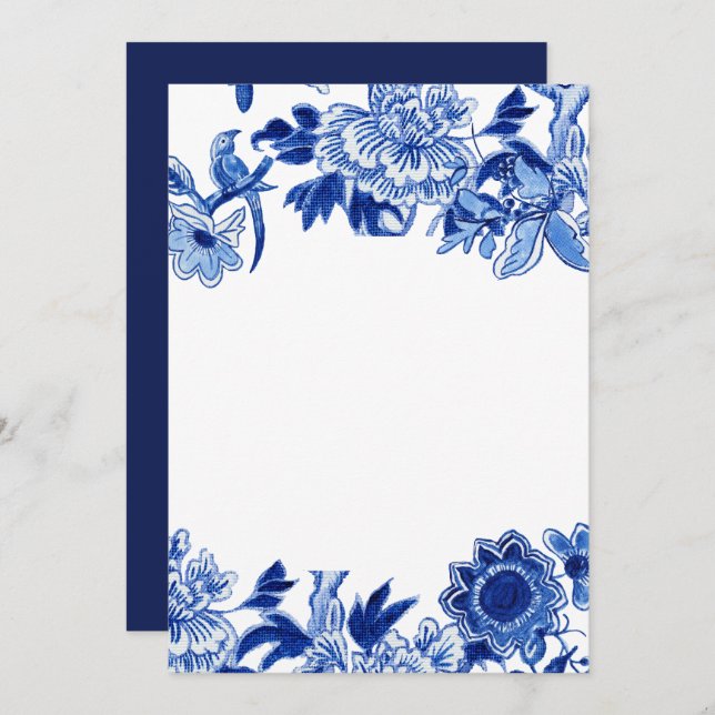 Asian Influence Blue White Floral 2 Blank Custom Invitation (Front/Back)