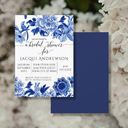 Asian Influence Blue White Floral 2 Bridal Shower Invitation