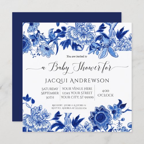 Asian Influence Blue White Floral Baby Shower Invitation