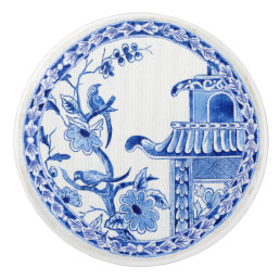Asian Influence Blue White Floral Bird and Pagoda Ceramic Knob