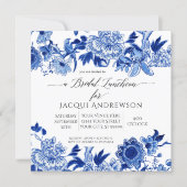 Asian Influence Blue White Floral Bridal Luncheon Invitation (Front)
