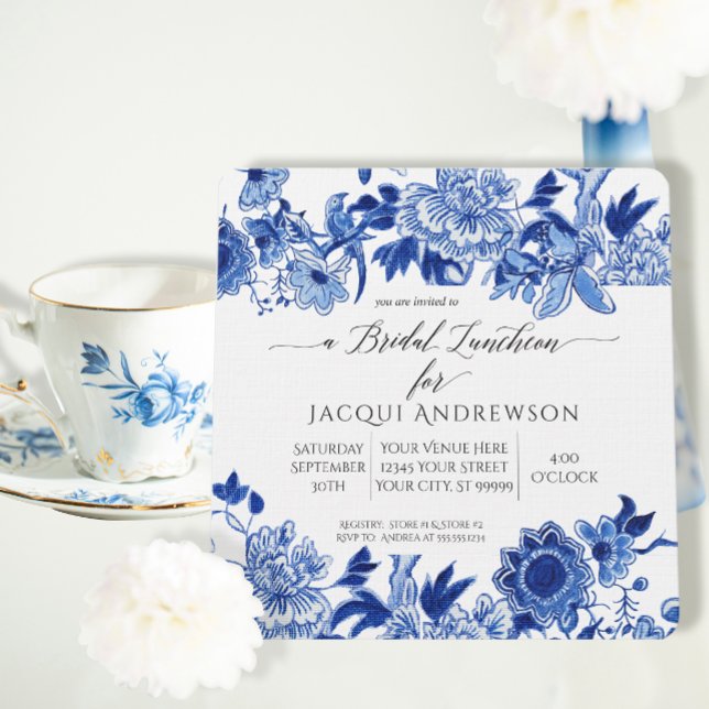 Asian Influence Blue White Floral Bridal Luncheon Invitation