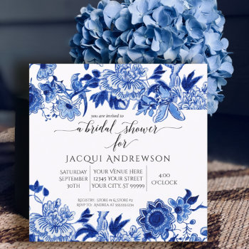 Asian Influence Blue White Floral Bridal Shower Invitation by LuxuryWeddings at Zazzle