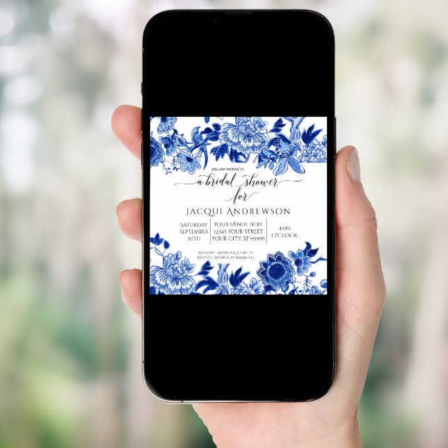 Asian Influence Blue White Floral Bridal Shower Invitation (Front Digital)