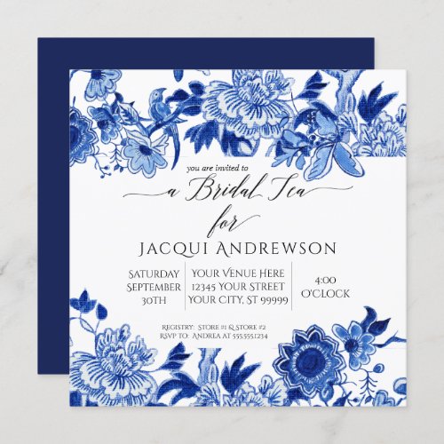 Asian Influence Blue White Floral  Bridal Tea Invitation