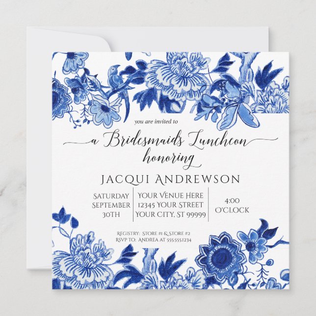 Asian Influence Blue White Floral Bridesmaids Invitation (Front)