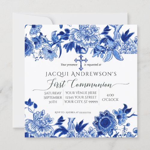 Asian Influence Blue White Floral First Communion  Invitation