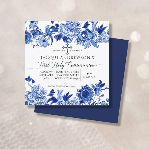 Asian Influence Blue White Floral First Communion  Invitation