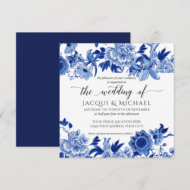 Asian Influence Blue White Floral Wedding Artwork Invitation (Front/Back)