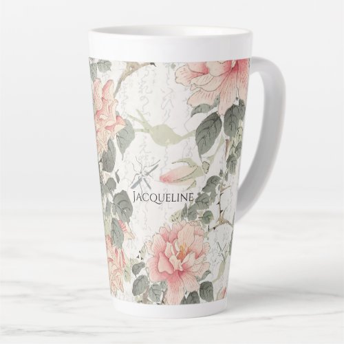 Asian Influence Blush Pink Peony Flowers Your Name Latte Mug