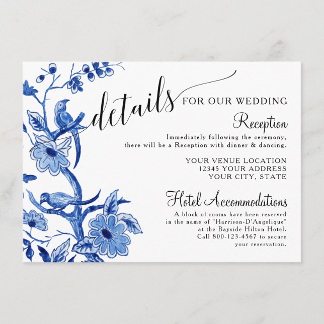 Asian Influence Chinoiserie Blue Wedding Details Enclosure Card (Front)