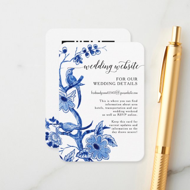 Asian Influence Chinoiserie Blue White QR Details Enclosure Card (Front/Back In Situ)