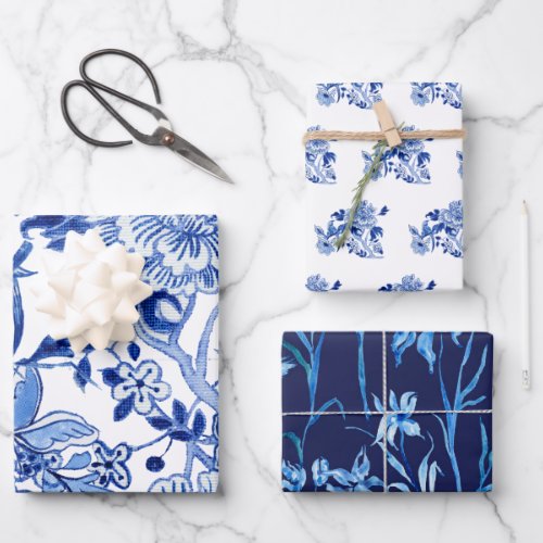 Asian Influence Chinoiserie Navy Blue White Floral Wrapping Paper Sheets