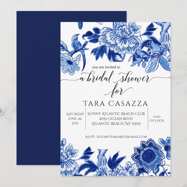 Asian Influence Floral Blue White Bridal Shower In Invitation (Front/Back)