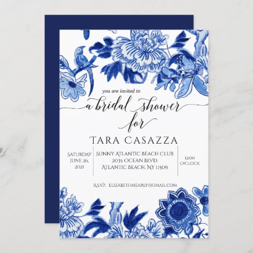 Asian Influence Floral Blue White Bridal Shower In Invitation