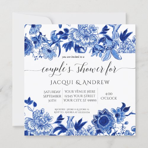 Asian Influence Light Blue Floral Couples Shower Invitation