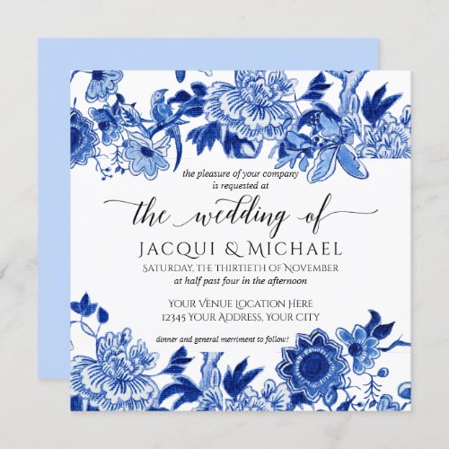 Asian Influence Light Blue Floral Wedding Artwork Invitation