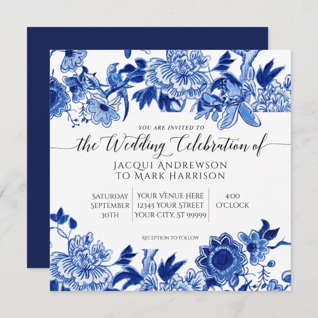 Asian Influence Navy Blue and White Floral Wedding Invitation (Front/Back)