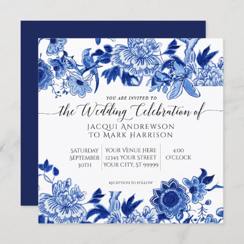 Asian Influence Navy Blue and White Floral Wedding Invitation