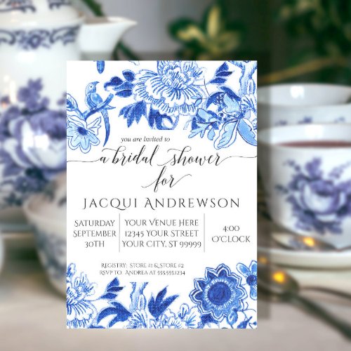 Asian Influence White Blue Floral Bridal Shower Invitation