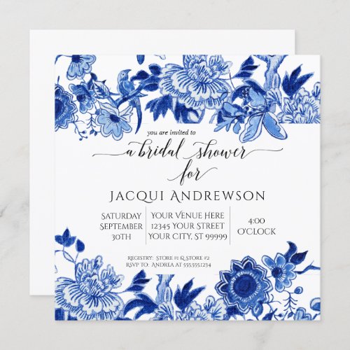 Asian Influence White Blue Floral Bridal Shower Invitation