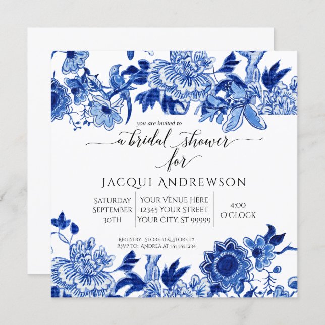 Asian Influence White Blue Floral |Bridal Shower Invitation (Front/Back)