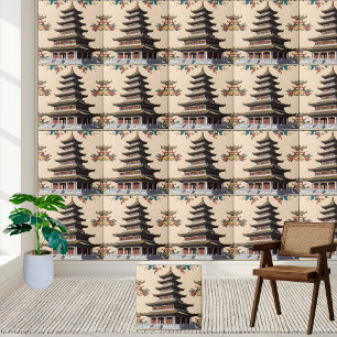 Asian-Inspired Floral Temple Chinoiserie Pagoda Ceramic Tile