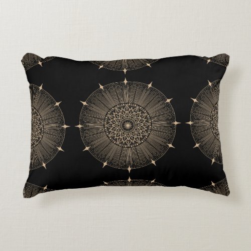 Asian Inspired Gold and Black Lotus Mandala Print Accent Pillow