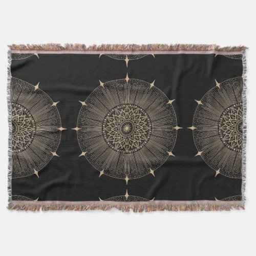 Asian Inspired Gold and Black Lotus Mandala Print Throw Blanket