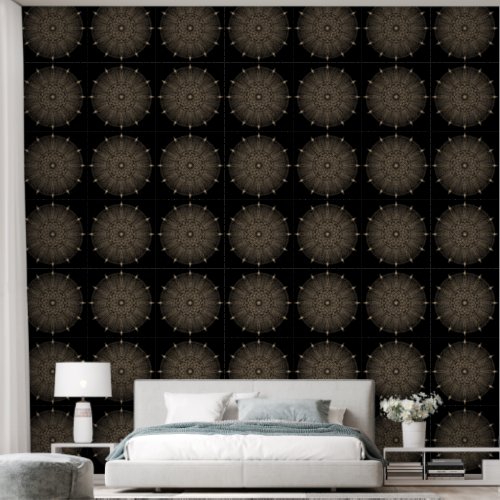 Asian Inspired Gold and Black Lotus Mandala Print Wallpaper