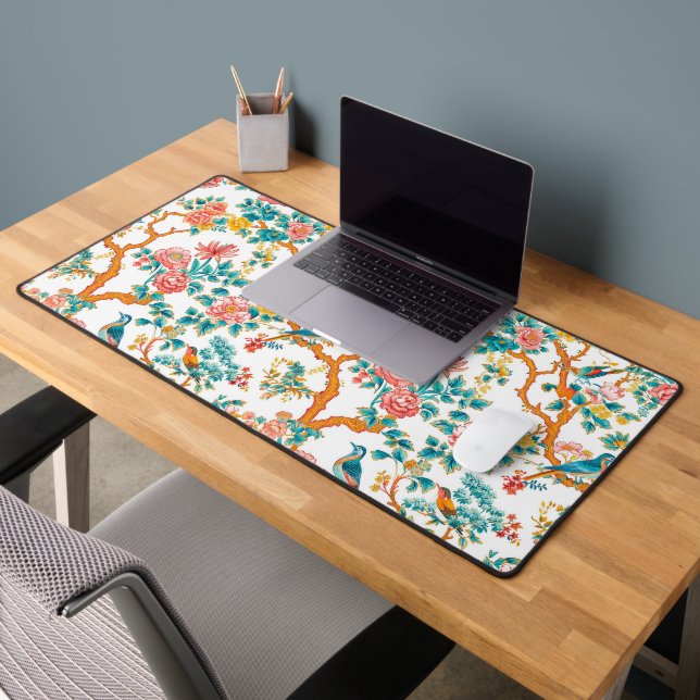 Asian-Inspired Patterns, Colorful Flowers Birds Desk Mat (Office 2)