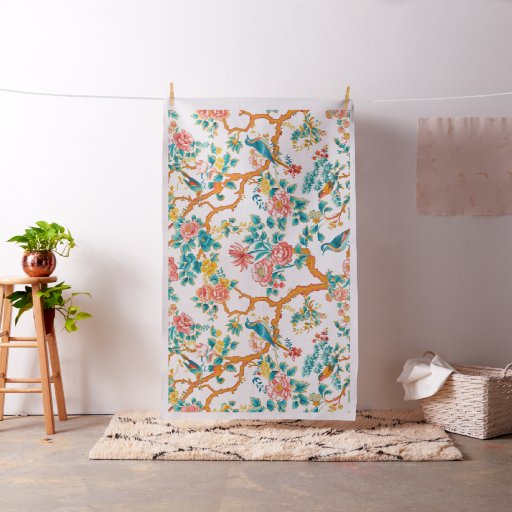 Asian-Inspired Patterns, Colorful Flowers Birds Fabric