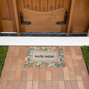 Asian-Inspired Patterns, Colorful Flowers Birds Fiber Doormat