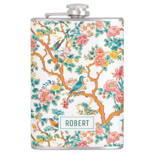 Asian-Inspired Patterns, Colorful Flowers Birds Flask