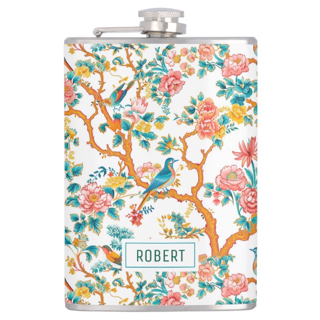 Asian-Inspired Patterns, Colorful Flowers Birds Flask (Front)