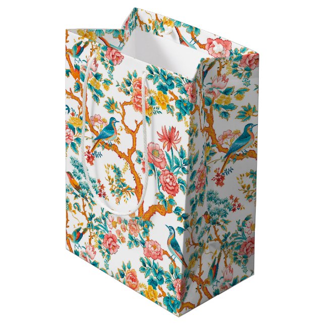 Asian-Inspired Patterns, Colorful Flowers Birds Medium Gift Bag (Back Angled)