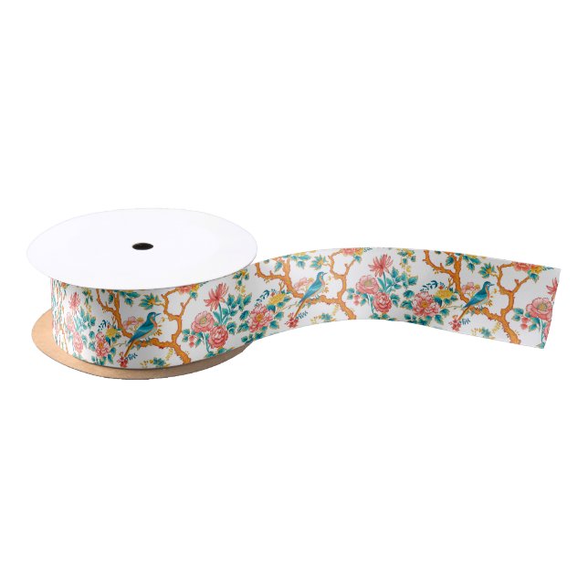 Asian-Inspired Patterns, Colorful Flowers Birds Satin Ribbon (Spool)