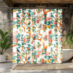 Asian-Inspired Patterns, Colorful Flowers Birds Shower Curtain